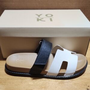 Yoki Black & White Slide Sandal with Tan Footbed
